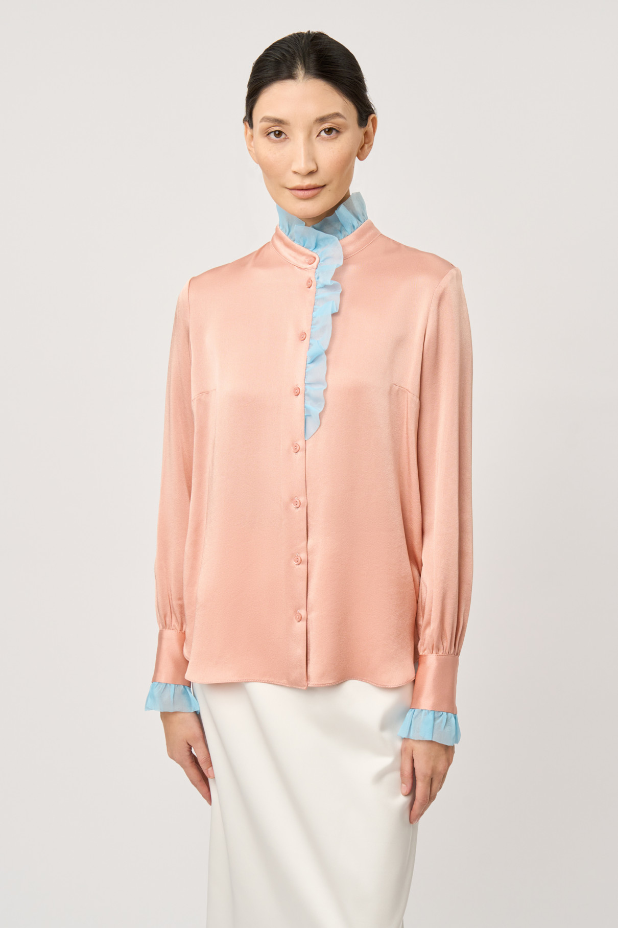 FR20-РН-3-рз-4 Розовая блуза с отделкой органзой , Розовый, арт. FR20-РН-3-рз-4 купить в интернет-магазине