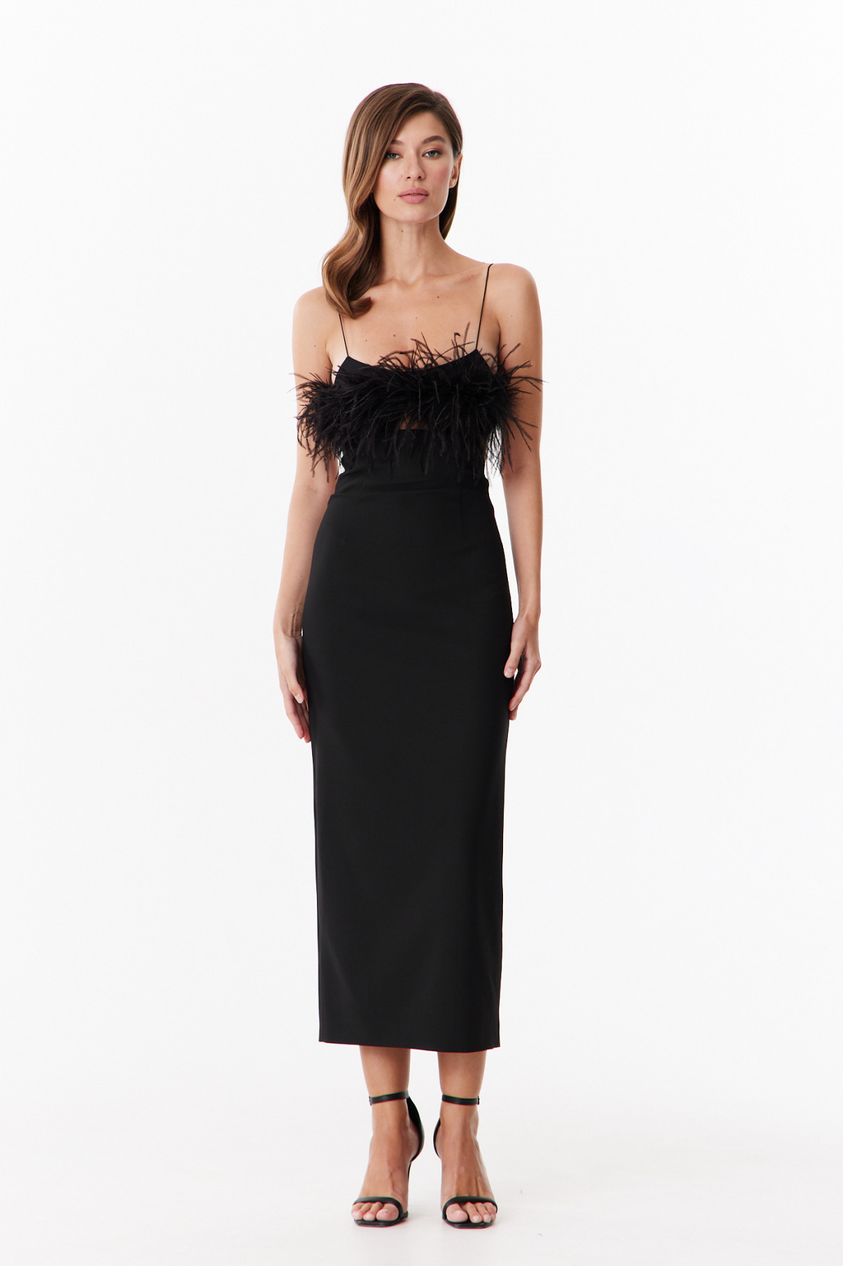 Платье-бюстье миди расшитое перьями , Чёрный, арт. FR22E1D14W200B купить в интернет-магазине