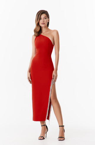 Платье на одно плечо расшитое кристаллами , Красный, арт. FR22E1D07W200RED купить в интернет-магазине